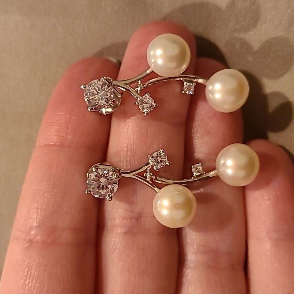Bridal Natural Fresh Water Pearl Cubic Zirconia Sterling Silver Earrings